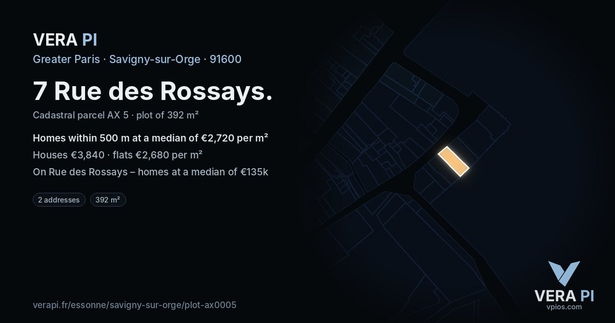 7 Rue des Rossays, Savigny-sur-Orge at night – the plot lit, the parcels around coloured by the prices near them