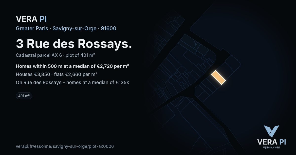 3 Rue des Rossays, Savigny-sur-Orge at night – the plot lit, the parcels around coloured by the prices near them