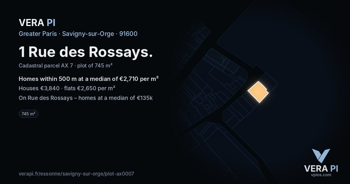 1 Rue des Rossays, Savigny-sur-Orge at night – the plot lit, the parcels around coloured by the prices near them