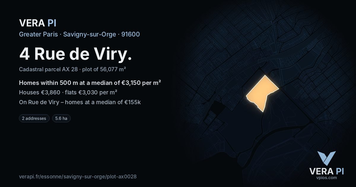 4 Rue de Viry, Savigny-sur-Orge at night – the plot lit, the parcels around coloured by the prices near them
