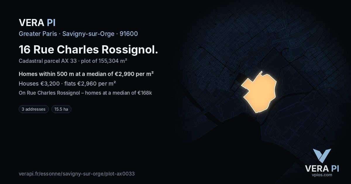 16 Rue Charles Rossignol, Savigny-sur-Orge at night – the plot lit, the parcels around coloured by the prices near them