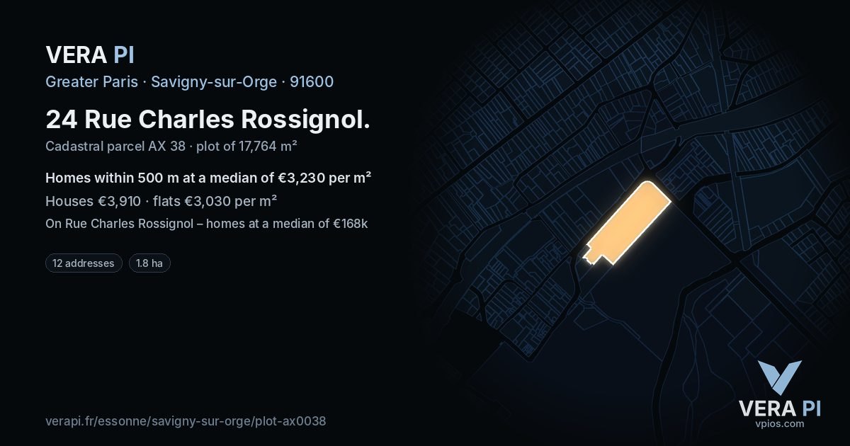 24 Rue Charles Rossignol, Savigny-sur-Orge at night – the plot lit, the parcels around coloured by the prices near them