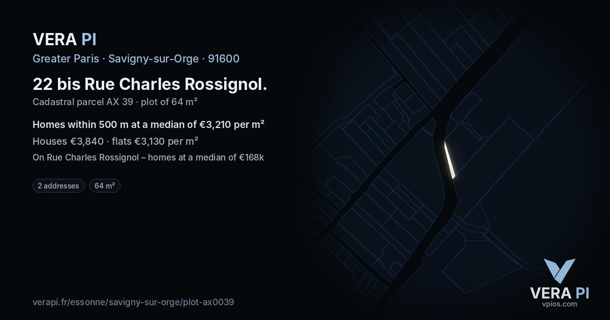 22 bis Rue Charles Rossignol, Savigny-sur-Orge at night – the plot lit, the parcels around coloured by the prices near them
