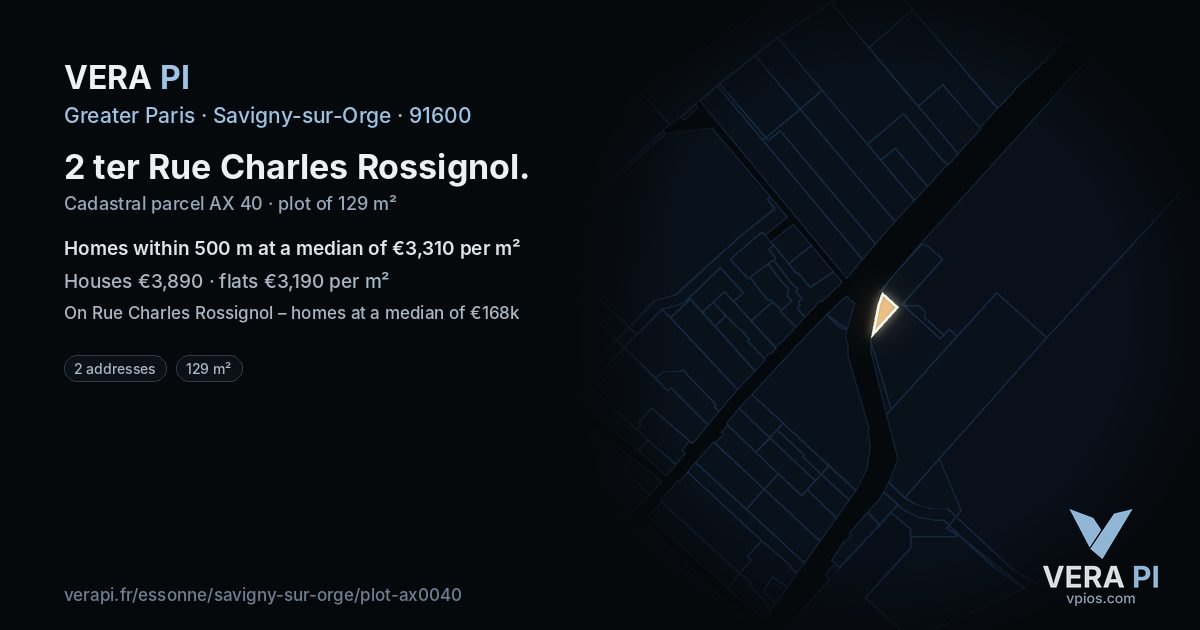 2 ter Rue Charles Rossignol, Savigny-sur-Orge at night – the plot lit, the parcels around coloured by the prices near them