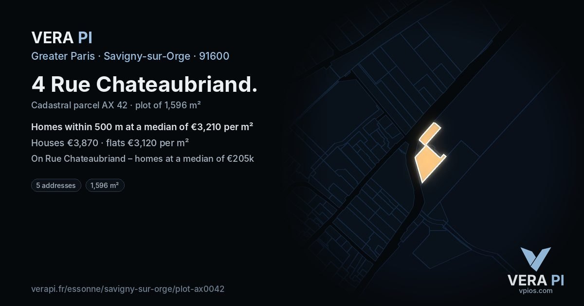 4 Rue Chateaubriand, Savigny-sur-Orge at night – the plot lit, the parcels around coloured by the prices near them
