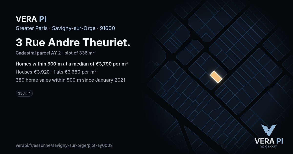 3 Rue Andre Theuriet, Savigny-sur-Orge at night – the plot lit, the parcels around coloured by the prices near them