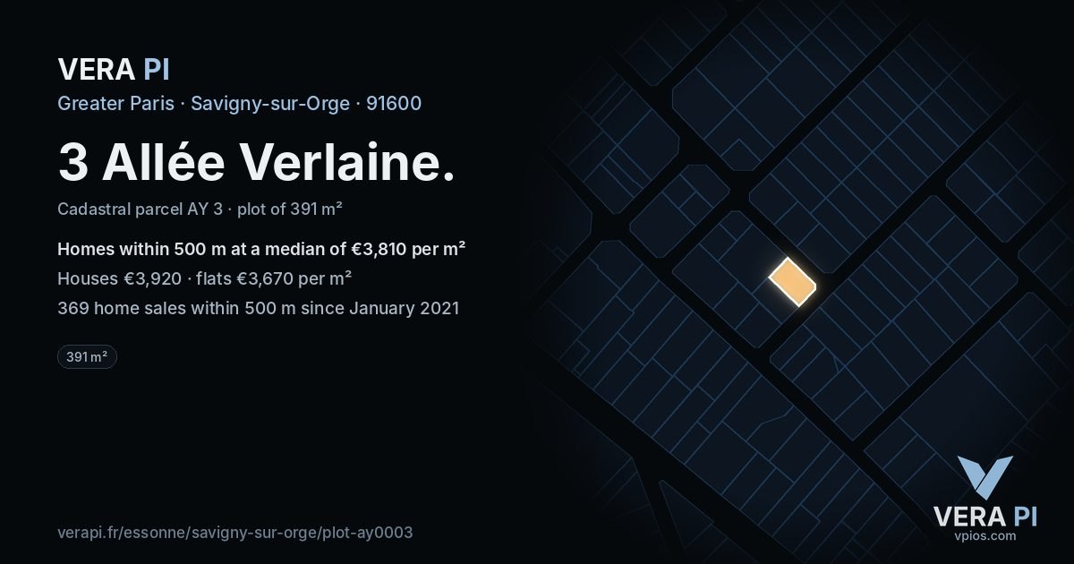3 Allée Verlaine, Savigny-sur-Orge at night – the plot lit, the parcels around coloured by the prices near them