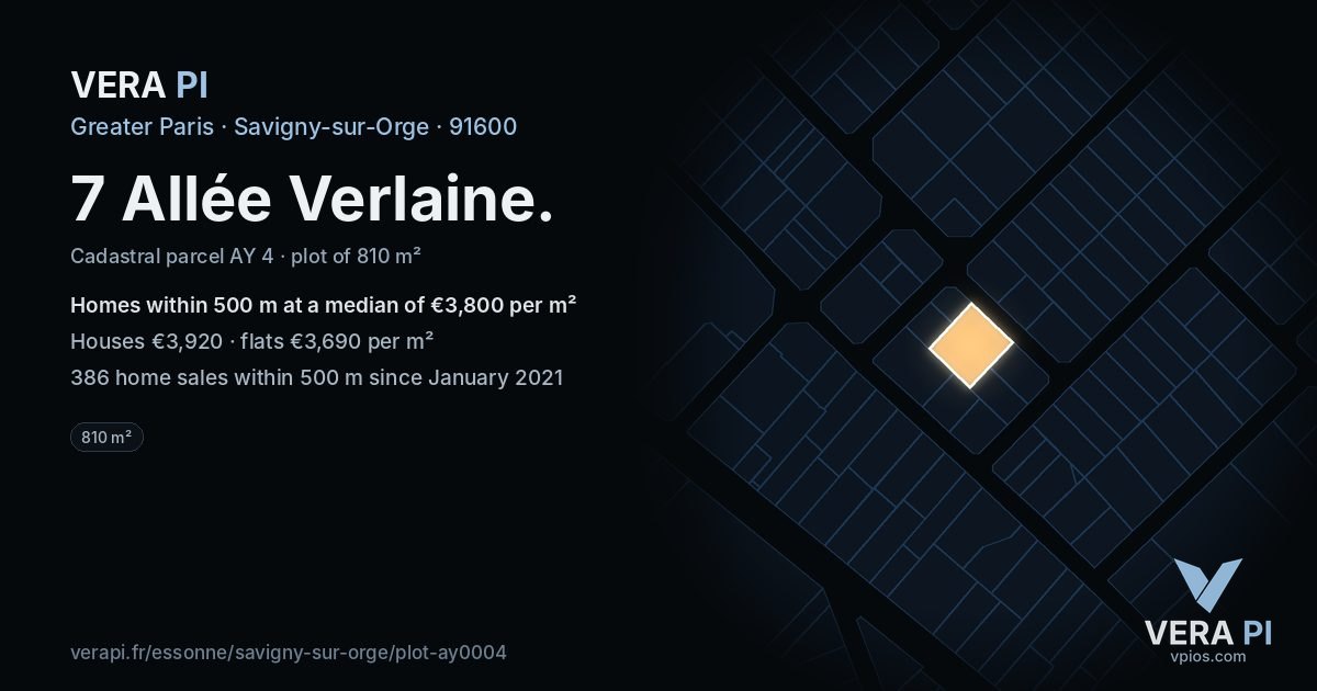 7 Allée Verlaine, Savigny-sur-Orge at night – the plot lit, the parcels around coloured by the prices near them