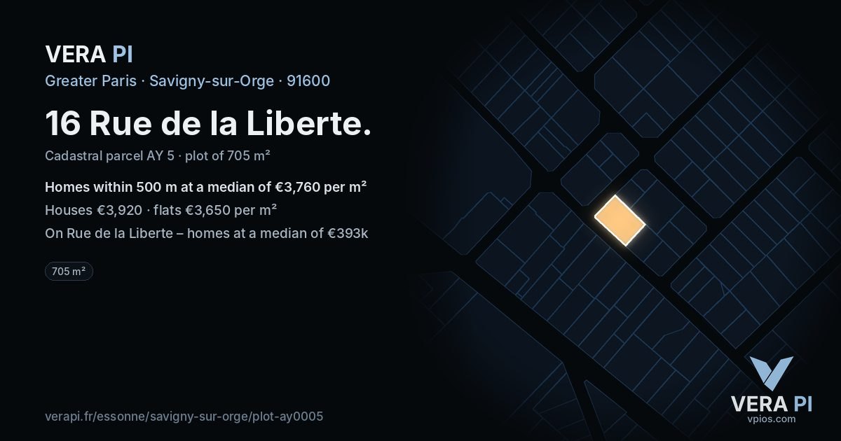 16 Rue de la Liberte, Savigny-sur-Orge at night – the plot lit, the parcels around coloured by the prices near them