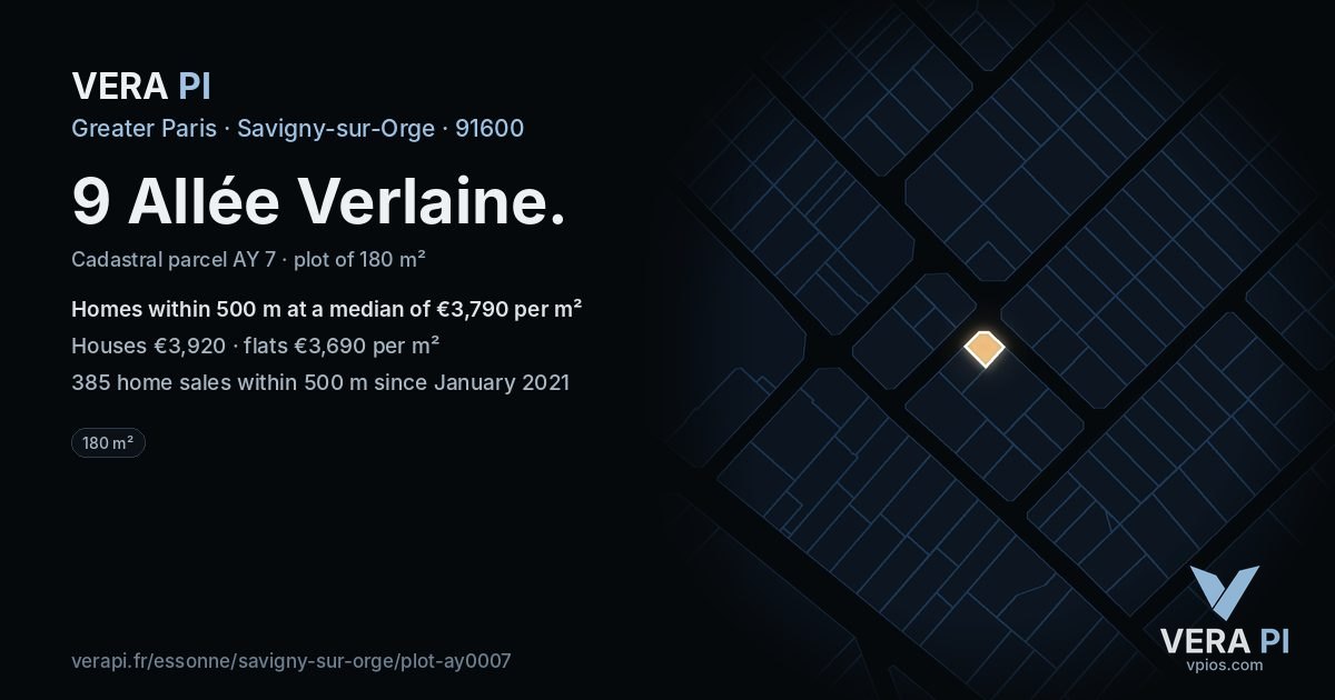 9 Allée Verlaine, Savigny-sur-Orge at night – the plot lit, the parcels around coloured by the prices near them