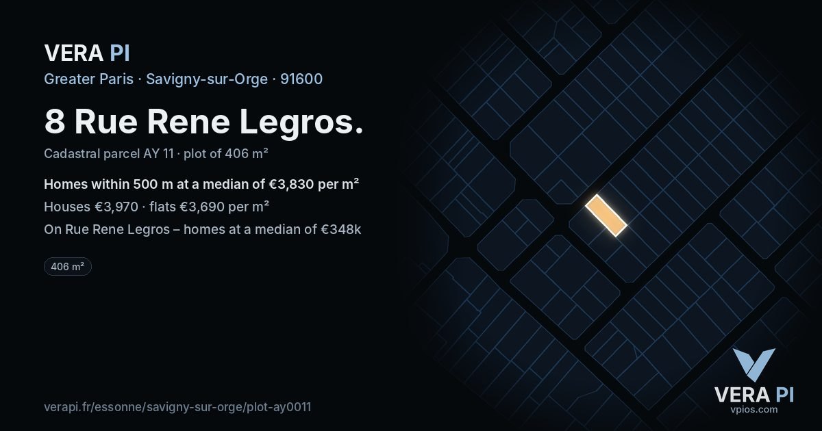 8 Rue Rene Legros, Savigny-sur-Orge at night – the plot lit, the parcels around coloured by the prices near them