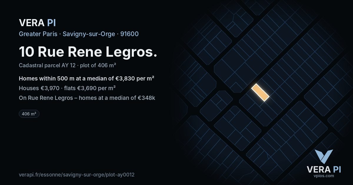 10 Rue Rene Legros, Savigny-sur-Orge at night – the plot lit, the parcels around coloured by the prices near them