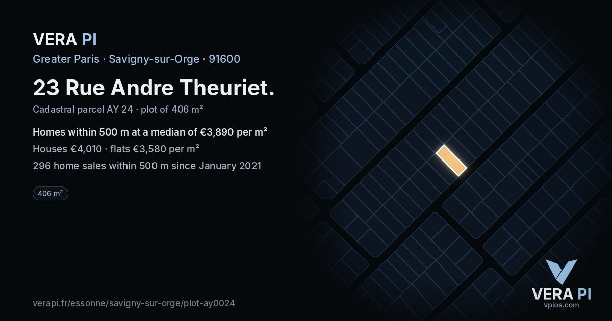 23 Rue Andre Theuriet, Savigny-sur-Orge at night – the plot lit, the parcels around coloured by the prices near them