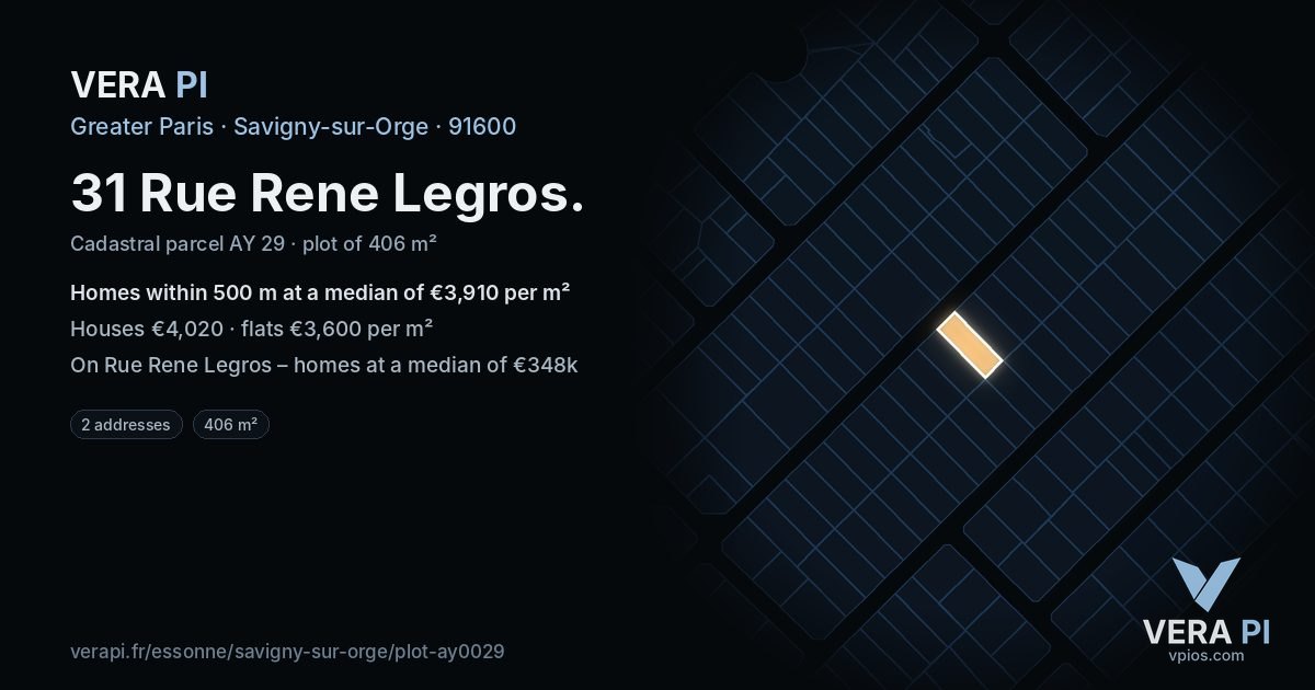 31 Rue Rene Legros, Savigny-sur-Orge at night – the plot lit, the parcels around coloured by the prices near them