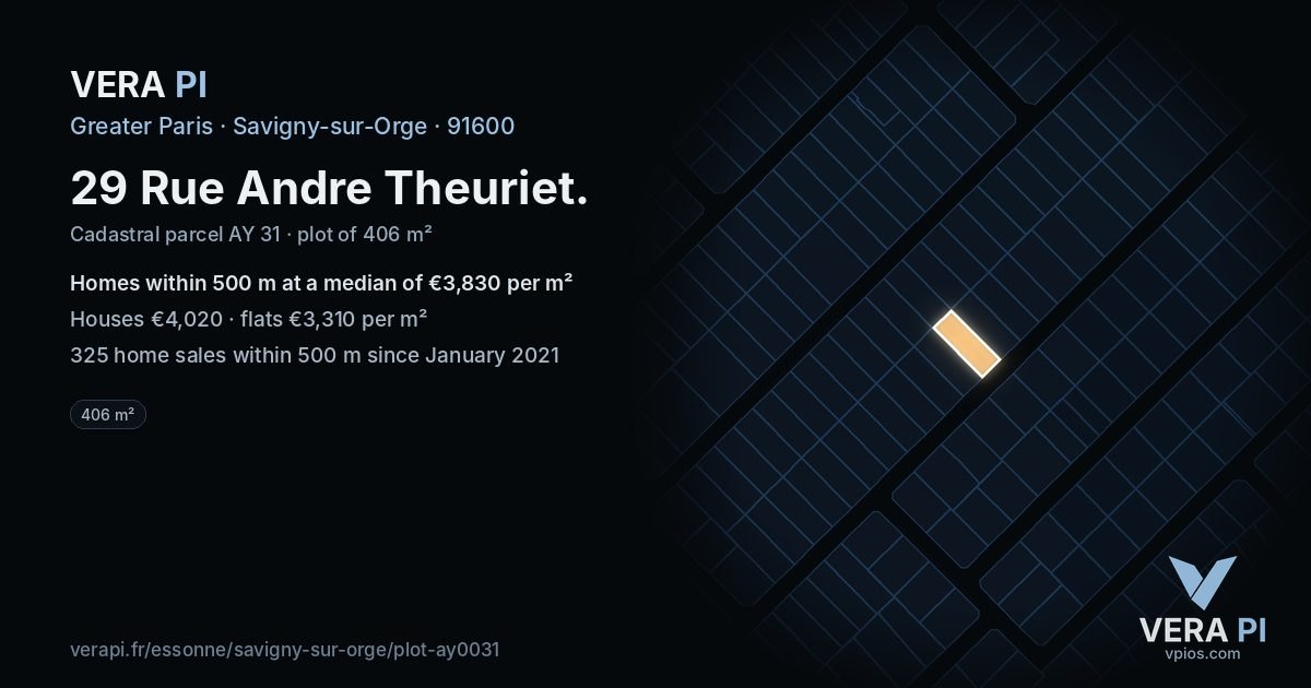 29 Rue Andre Theuriet, Savigny-sur-Orge at night – the plot lit, the parcels around coloured by the prices near them