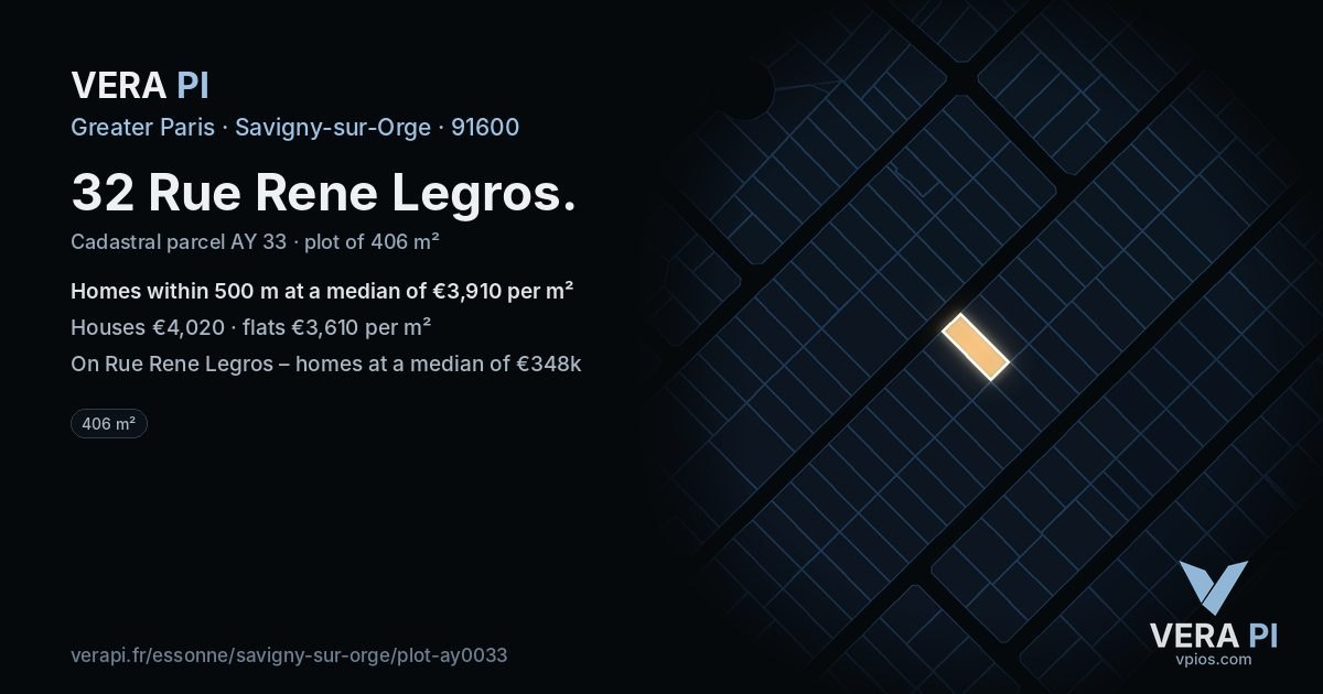 32 Rue Rene Legros, Savigny-sur-Orge at night – the plot lit, the parcels around coloured by the prices near them