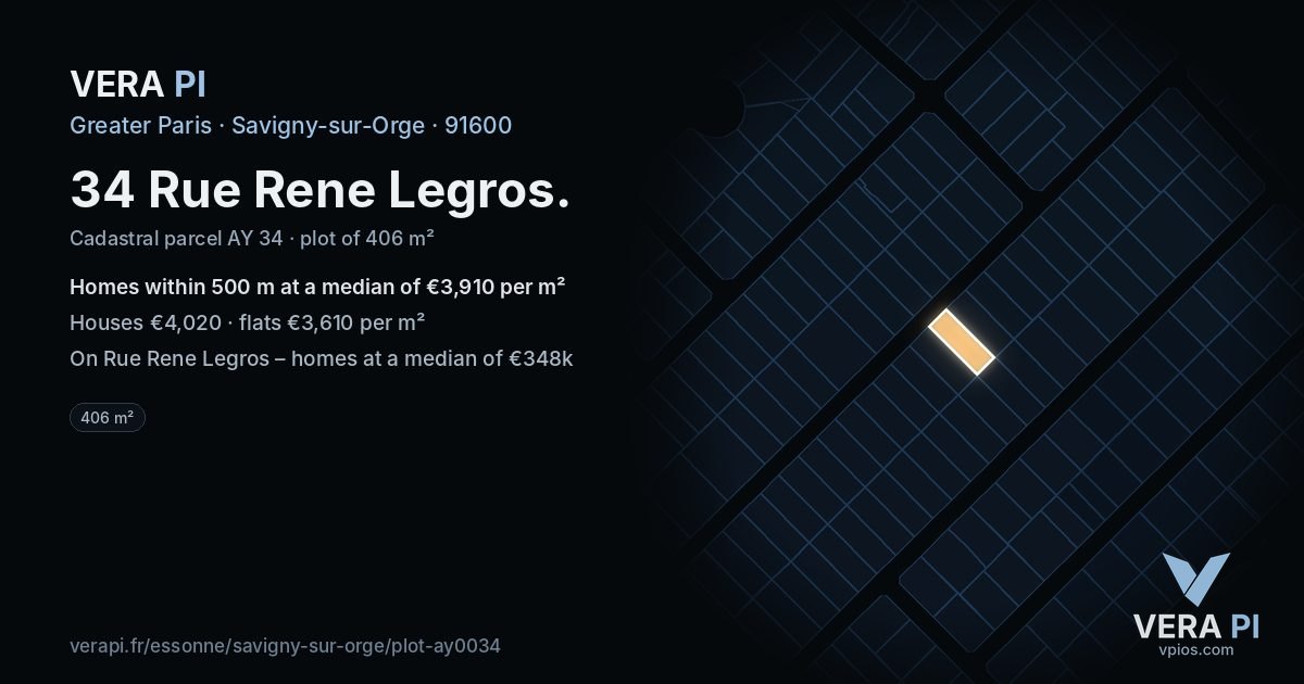 34 Rue Rene Legros, Savigny-sur-Orge at night – the plot lit, the parcels around coloured by the prices near them