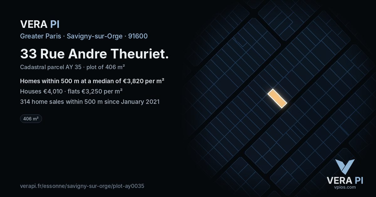 33 Rue Andre Theuriet, Savigny-sur-Orge at night – the plot lit, the parcels around coloured by the prices near them