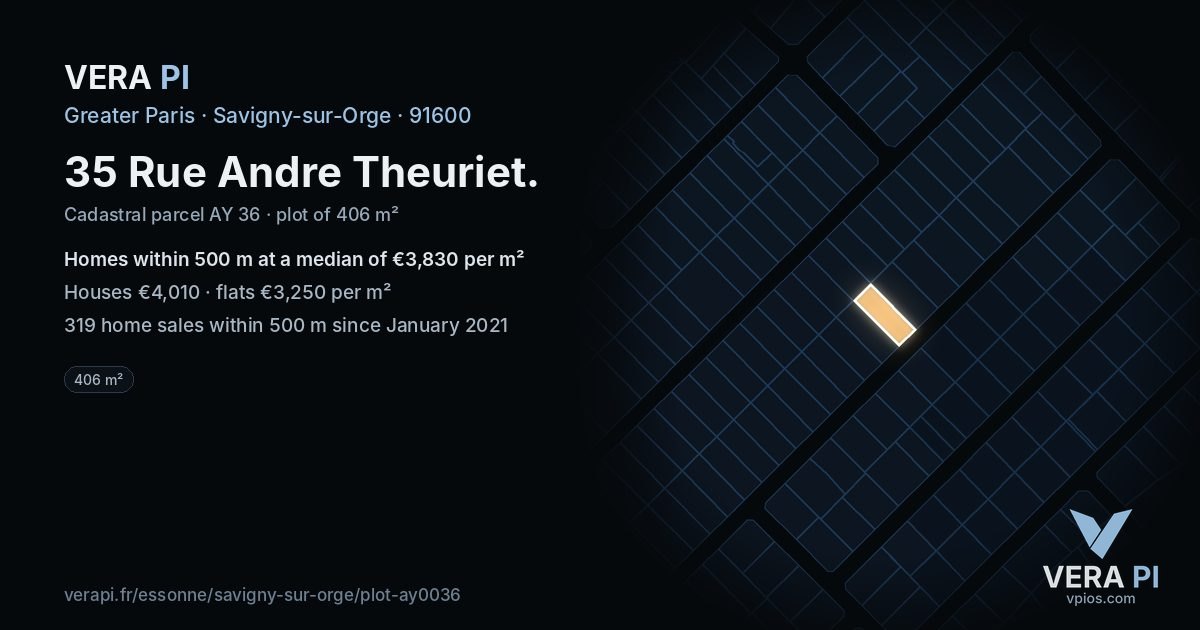 35 Rue Andre Theuriet, Savigny-sur-Orge at night – the plot lit, the parcels around coloured by the prices near them