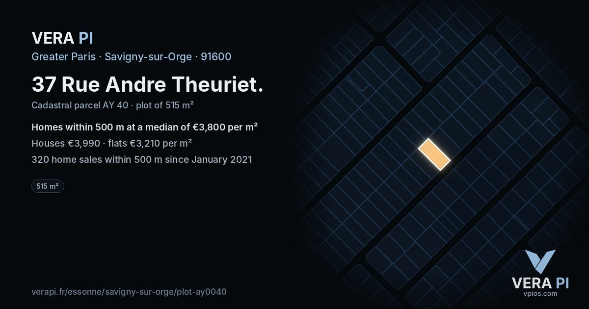 37 Rue Andre Theuriet, Savigny-sur-Orge at night – the plot lit, the parcels around coloured by the prices near them
