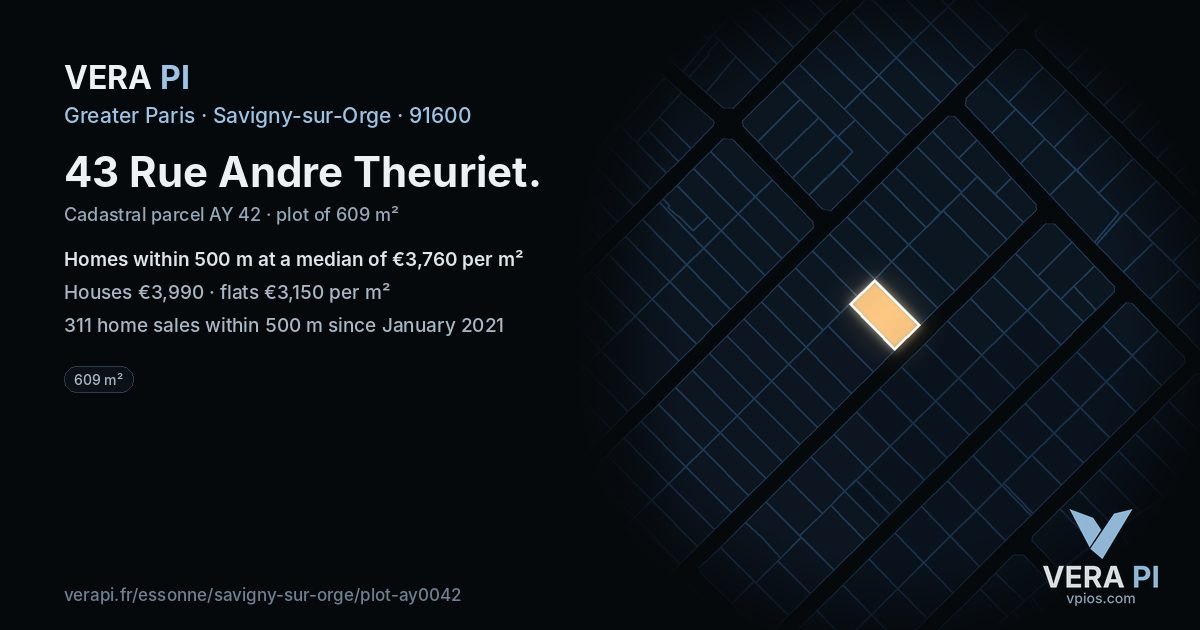 43 Rue Andre Theuriet, Savigny-sur-Orge at night – the plot lit, the parcels around coloured by the prices near them