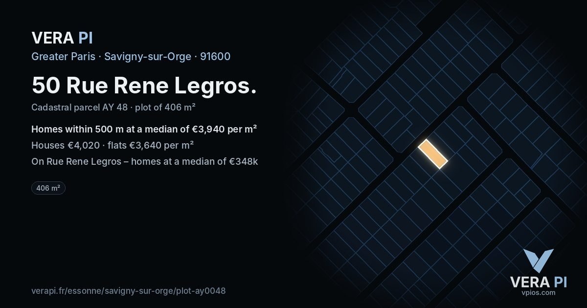 50 Rue Rene Legros, Savigny-sur-Orge at night – the plot lit, the parcels around coloured by the prices near them