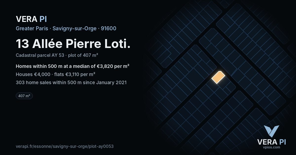 13 Allée Pierre Loti, Savigny-sur-Orge at night – the plot lit, the parcels around coloured by the prices near them
