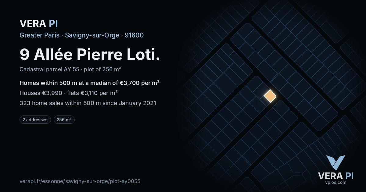 9 Allée Pierre Loti, Savigny-sur-Orge at night – the plot lit, the parcels around coloured by the prices near them