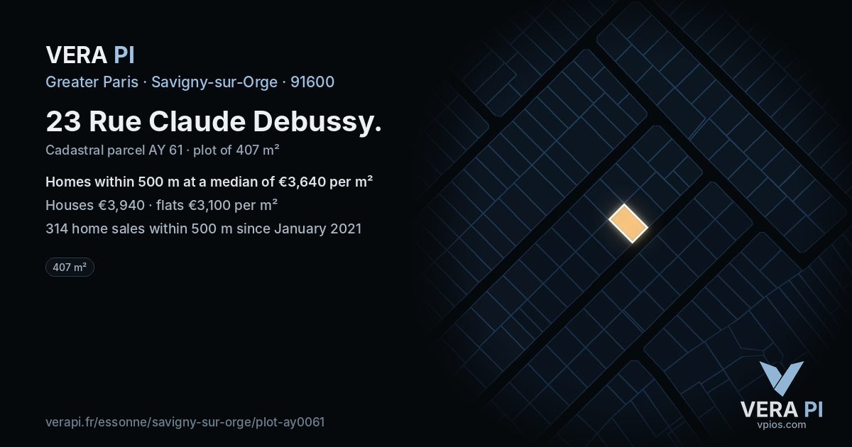 23 Rue Claude Debussy, Savigny-sur-Orge at night – the plot lit, the parcels around coloured by the prices near them