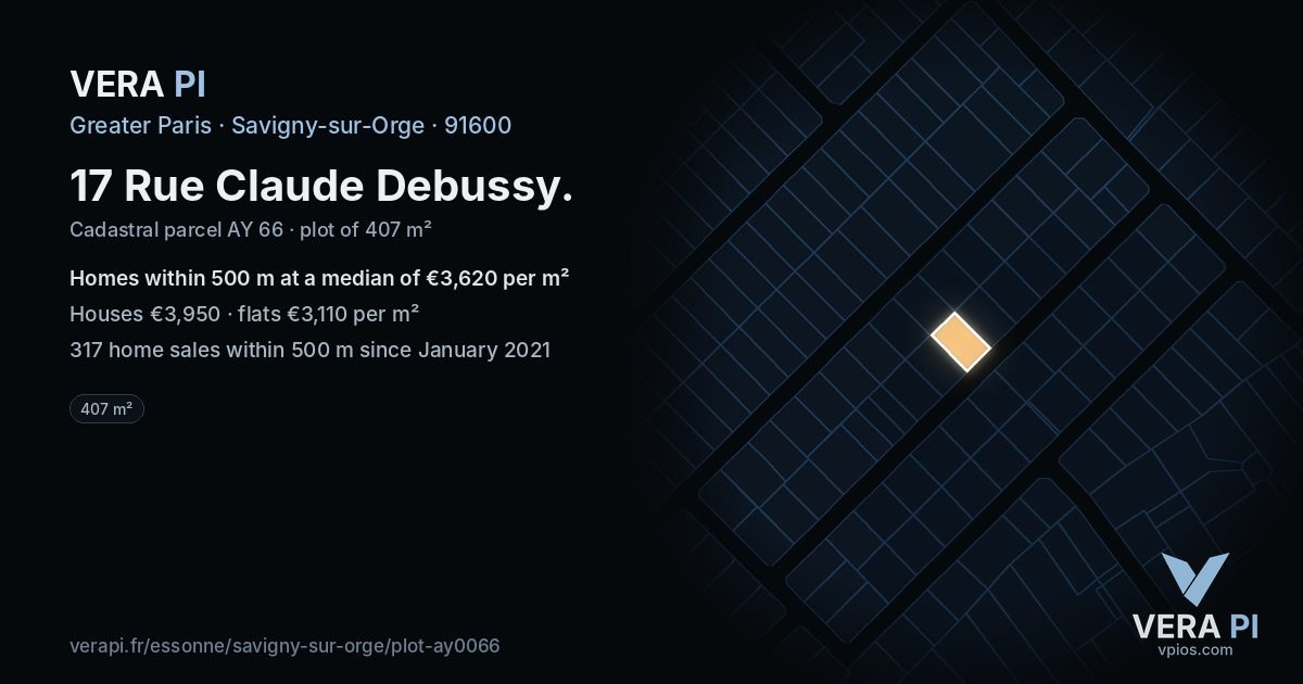 17 Rue Claude Debussy, Savigny-sur-Orge at night – the plot lit, the parcels around coloured by the prices near them
