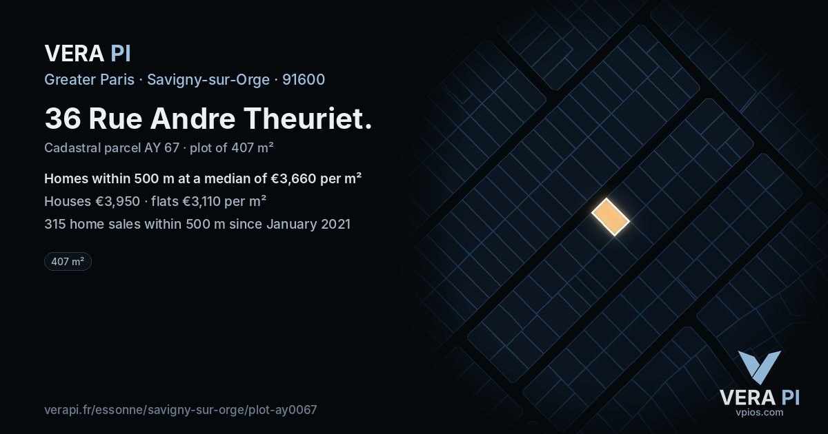 36 Rue Andre Theuriet, Savigny-sur-Orge at night – the plot lit, the parcels around coloured by the prices near them