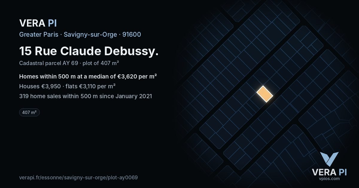 15 Rue Claude Debussy, Savigny-sur-Orge at night – the plot lit, the parcels around coloured by the prices near them