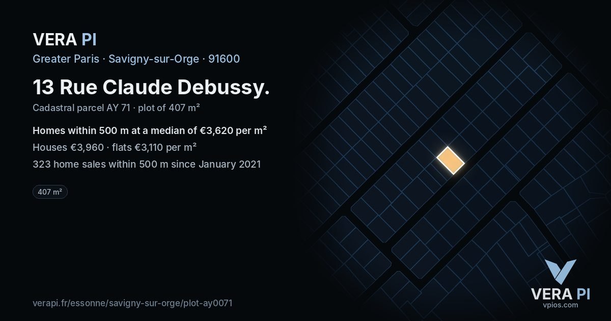 13 Rue Claude Debussy, Savigny-sur-Orge at night – the plot lit, the parcels around coloured by the prices near them