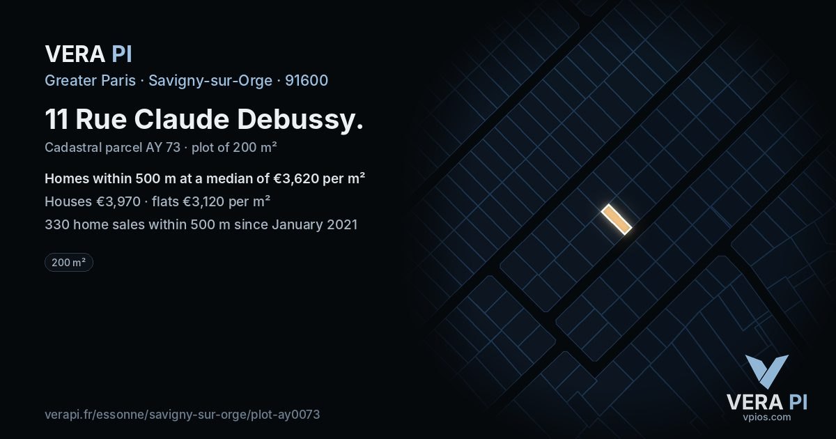 11 Rue Claude Debussy, Savigny-sur-Orge at night – the plot lit, the parcels around coloured by the prices near them