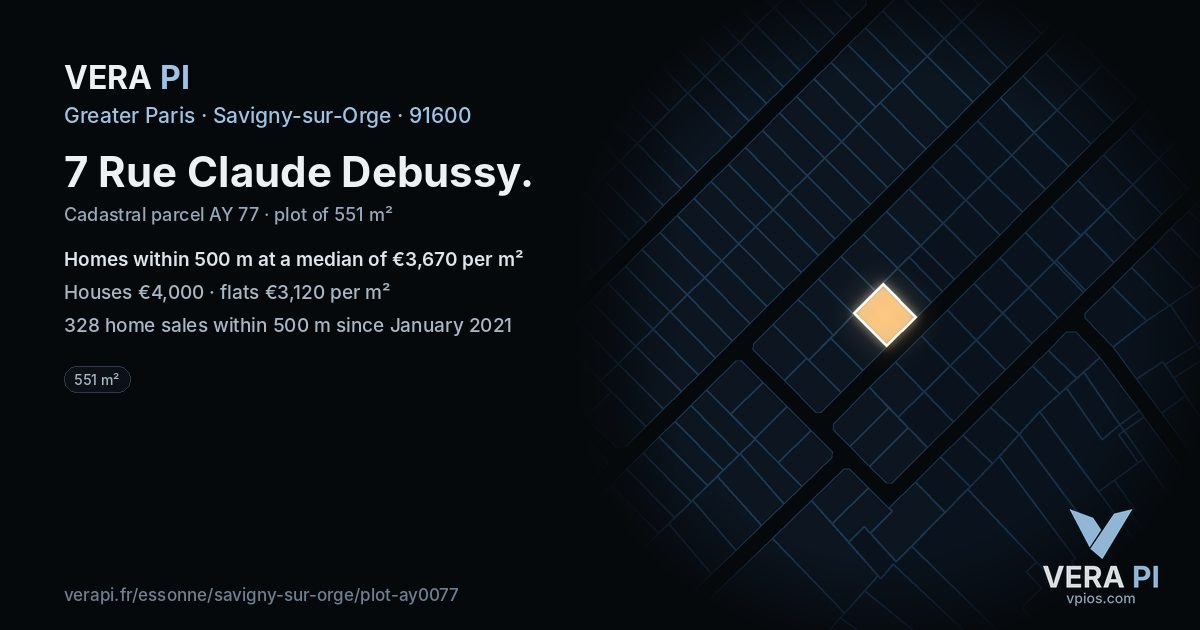 7 Rue Claude Debussy, Savigny-sur-Orge at night – the plot lit, the parcels around coloured by the prices near them