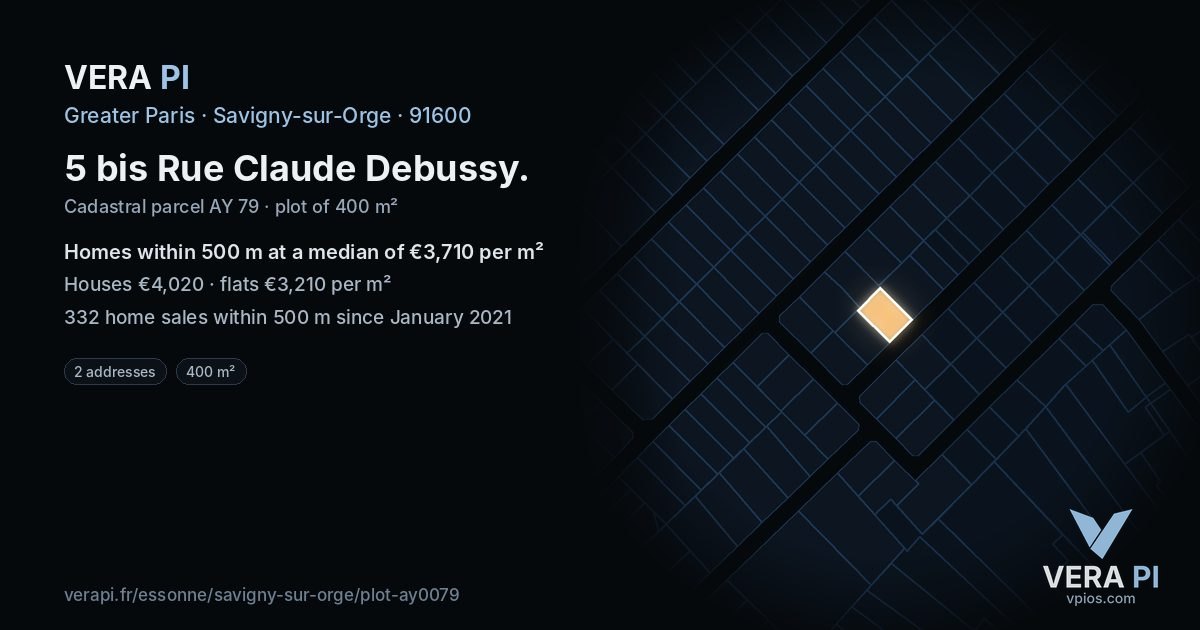 5 bis Rue Claude Debussy, Savigny-sur-Orge at night – the plot lit, the parcels around coloured by the prices near them