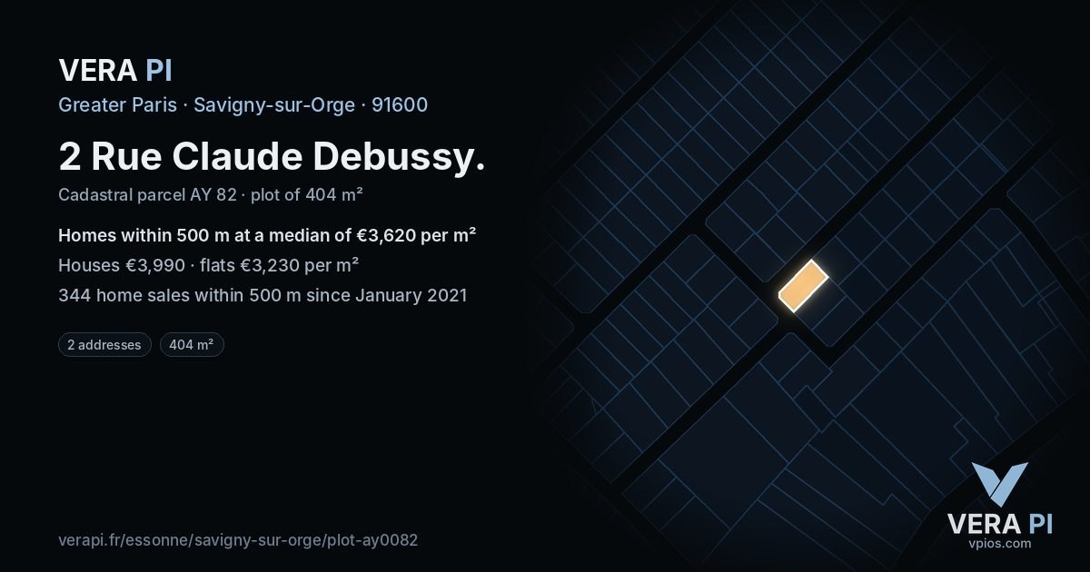 2 Rue Claude Debussy, Savigny-sur-Orge at night – the plot lit, the parcels around coloured by the prices near them