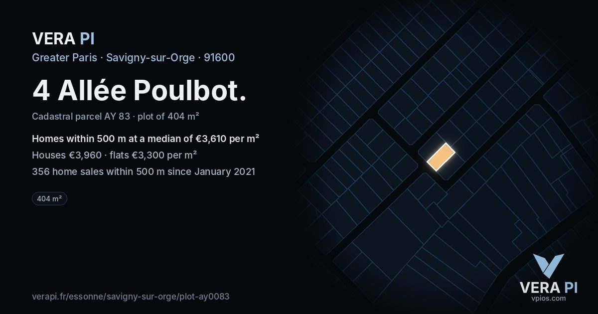 4 Allée Poulbot, Savigny-sur-Orge at night – the plot lit, the parcels around coloured by the prices near them