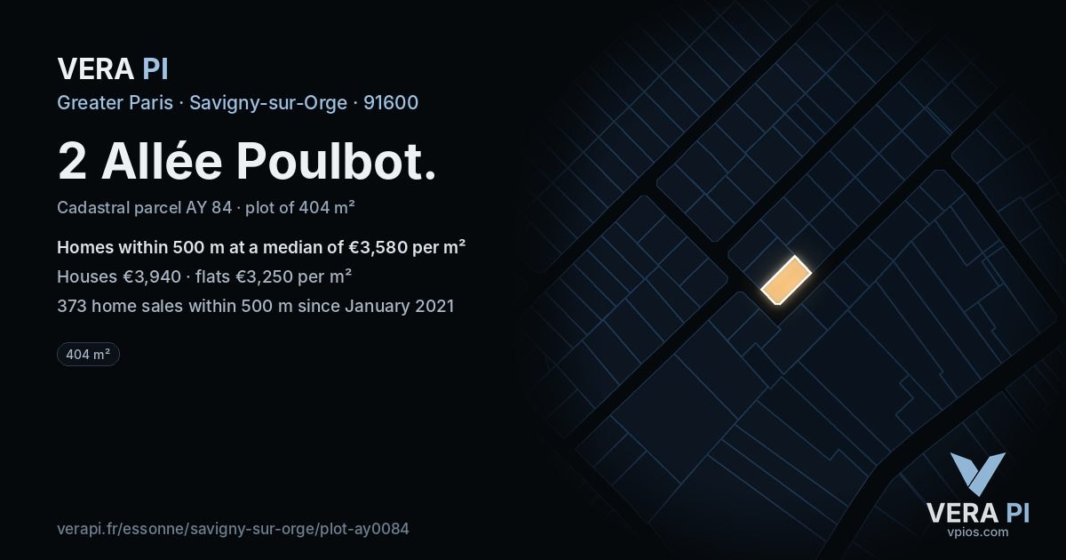 2 Allée Poulbot, Savigny-sur-Orge at night – the plot lit, the parcels around coloured by the prices near them