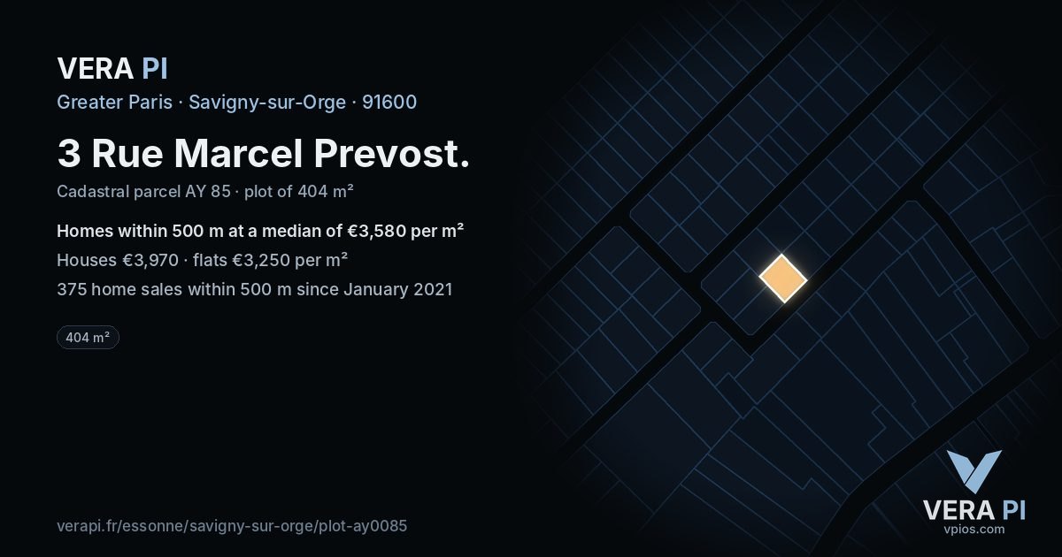 3 Rue Marcel Prevost, Savigny-sur-Orge at night – the plot lit, the parcels around coloured by the prices near them