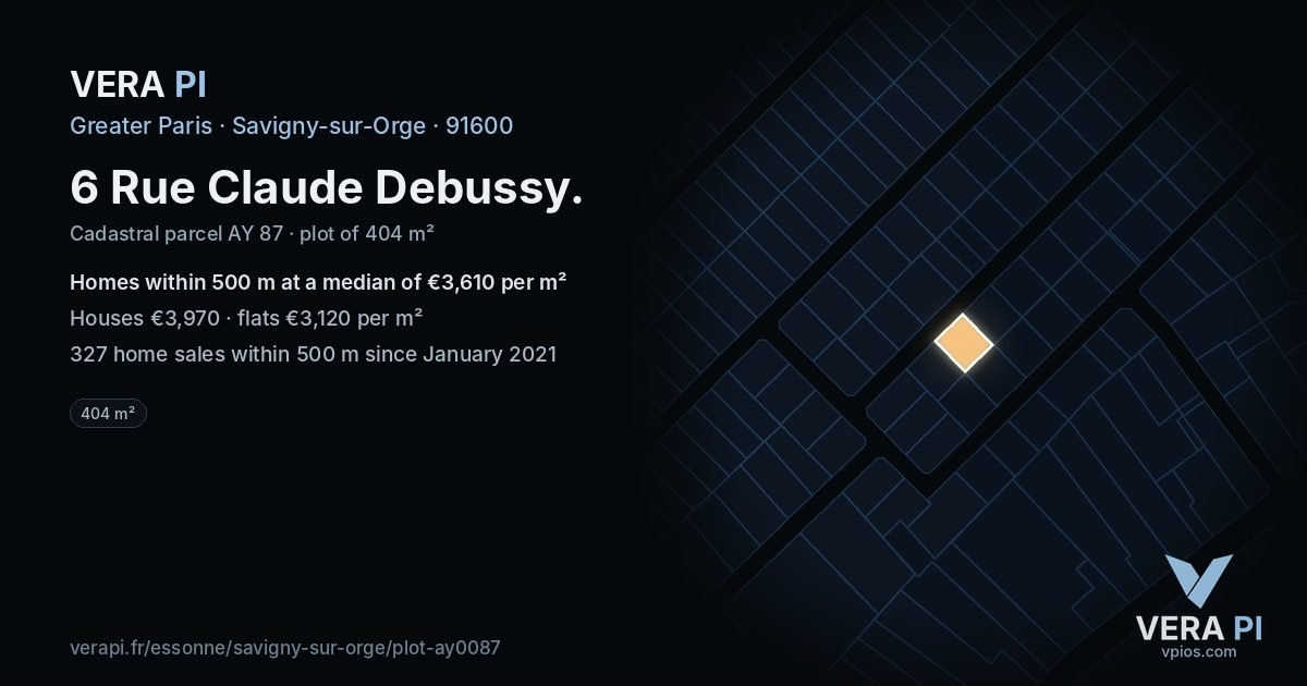 6 Rue Claude Debussy, Savigny-sur-Orge at night – the plot lit, the parcels around coloured by the prices near them
