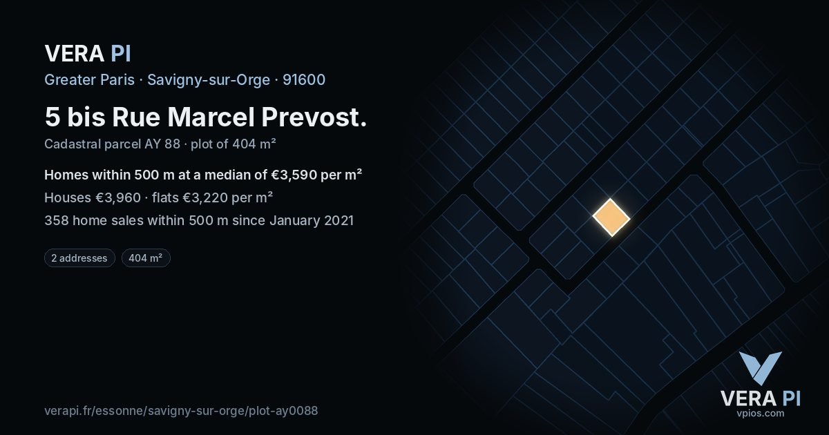 5 bis Rue Marcel Prevost, Savigny-sur-Orge at night – the plot lit, the parcels around coloured by the prices near them