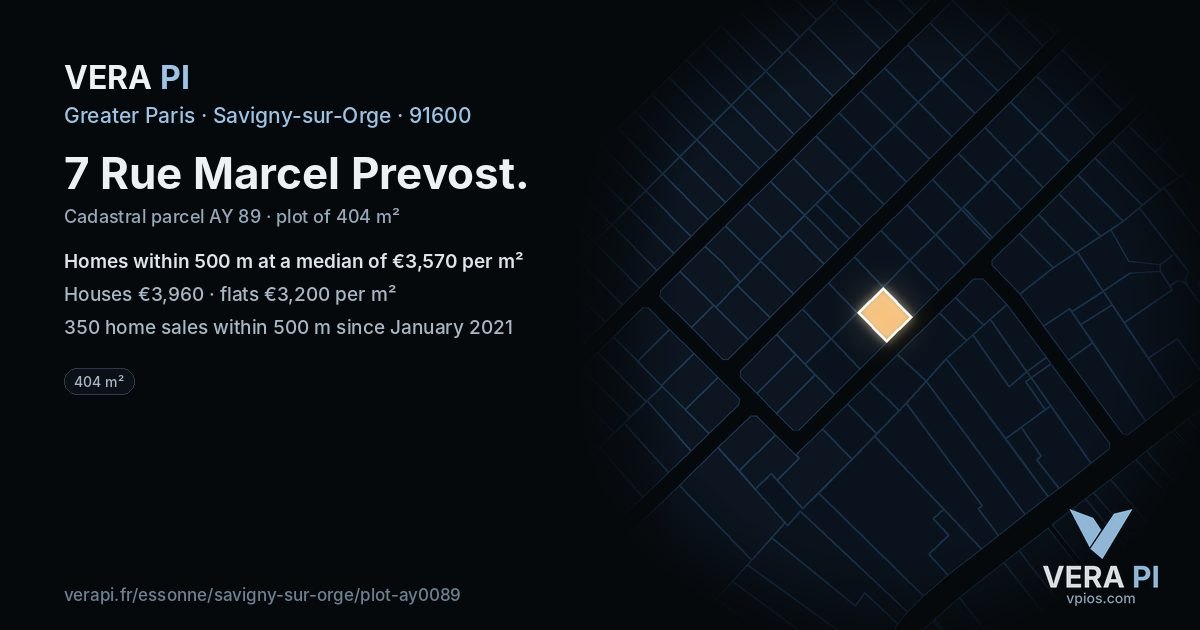 7 Rue Marcel Prevost, Savigny-sur-Orge at night – the plot lit, the parcels around coloured by the prices near them