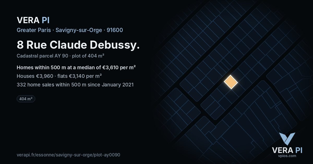 8 Rue Claude Debussy, Savigny-sur-Orge at night – the plot lit, the parcels around coloured by the prices near them