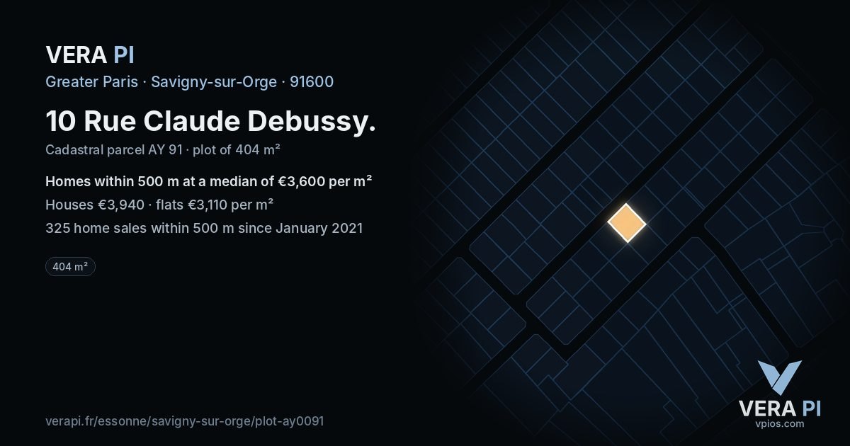 10 Rue Claude Debussy, Savigny-sur-Orge at night – the plot lit, the parcels around coloured by the prices near them