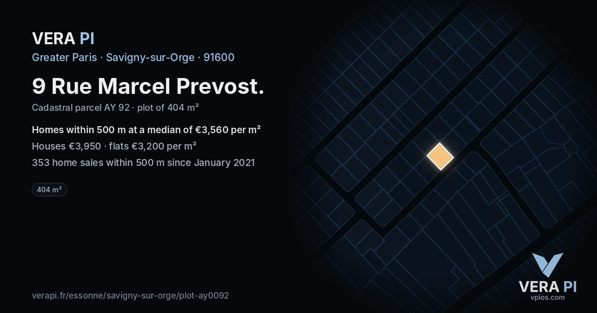 9 Rue Marcel Prevost, Savigny-sur-Orge at night – the plot lit, the parcels around coloured by the prices near them