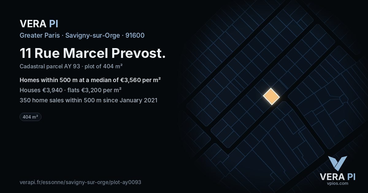11 Rue Marcel Prevost, Savigny-sur-Orge at night – the plot lit, the parcels around coloured by the prices near them