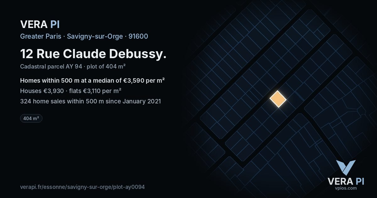 12 Rue Claude Debussy, Savigny-sur-Orge at night – the plot lit, the parcels around coloured by the prices near them
