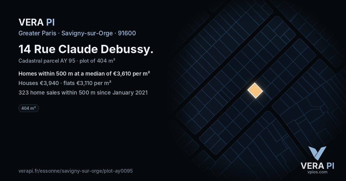 14 Rue Claude Debussy, Savigny-sur-Orge at night – the plot lit, the parcels around coloured by the prices near them