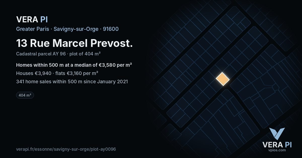13 Rue Marcel Prevost, Savigny-sur-Orge at night – the plot lit, the parcels around coloured by the prices near them